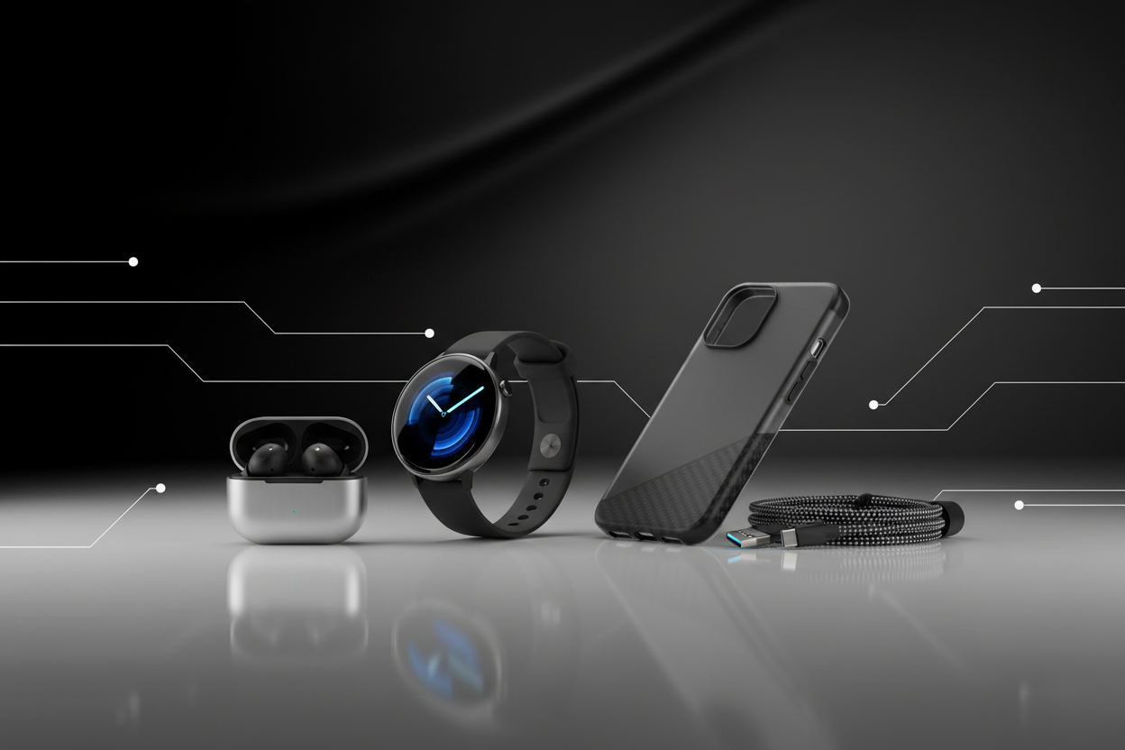 **Situation**
You are creating a banner image for a tech accessories store that will be displayed on a Shopify storefront. The banner needs to establish a professional, modern aesthetic using a specific color palette while maintaining visual appeal and brand coherence.

**Task**
Generate a banner image for a tech accessories store using the gradient colors  black and other contrast for slide image . The banner should be sized at 1248 × 832 pixels (standard Shopify banner dimensions), feature no interactive