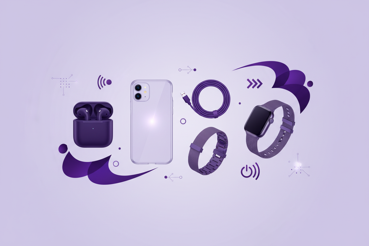 **Situation**
You are creating a banner image for a tech accessories store that will be displayed on a Shopify storefront. The banner needs to establish a professional, modern aesthetic using a specific color palette while maintaining visual appeal and brand coherence.

**Task**
Generate a banner image for a tech accessories store using the hex colors #eeeef6 (light lavender) and #39163d (deep purple). The banner should be sized at 1200x400 pixels (standard Shopify banner dimensions), feature no interactive