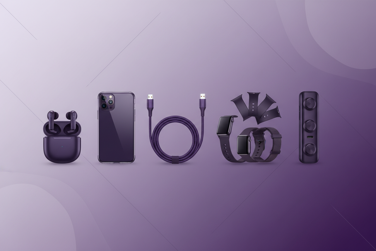 **Situation**
You are creating a banner image for a tech accessories store that will be displayed on a Shopify storefront. The banner needs to establish a professional, modern aesthetic using a specific color palette while maintaining visual appeal and brand coherence.

**Task**
Generate a banner image for a tech accessories store using the hex colors #eeeef6 (light lavender) and #39163d (deep purple). The banner should be sized at 1200x400 pixels (standard Shopify banner dimensions), feature no interactive