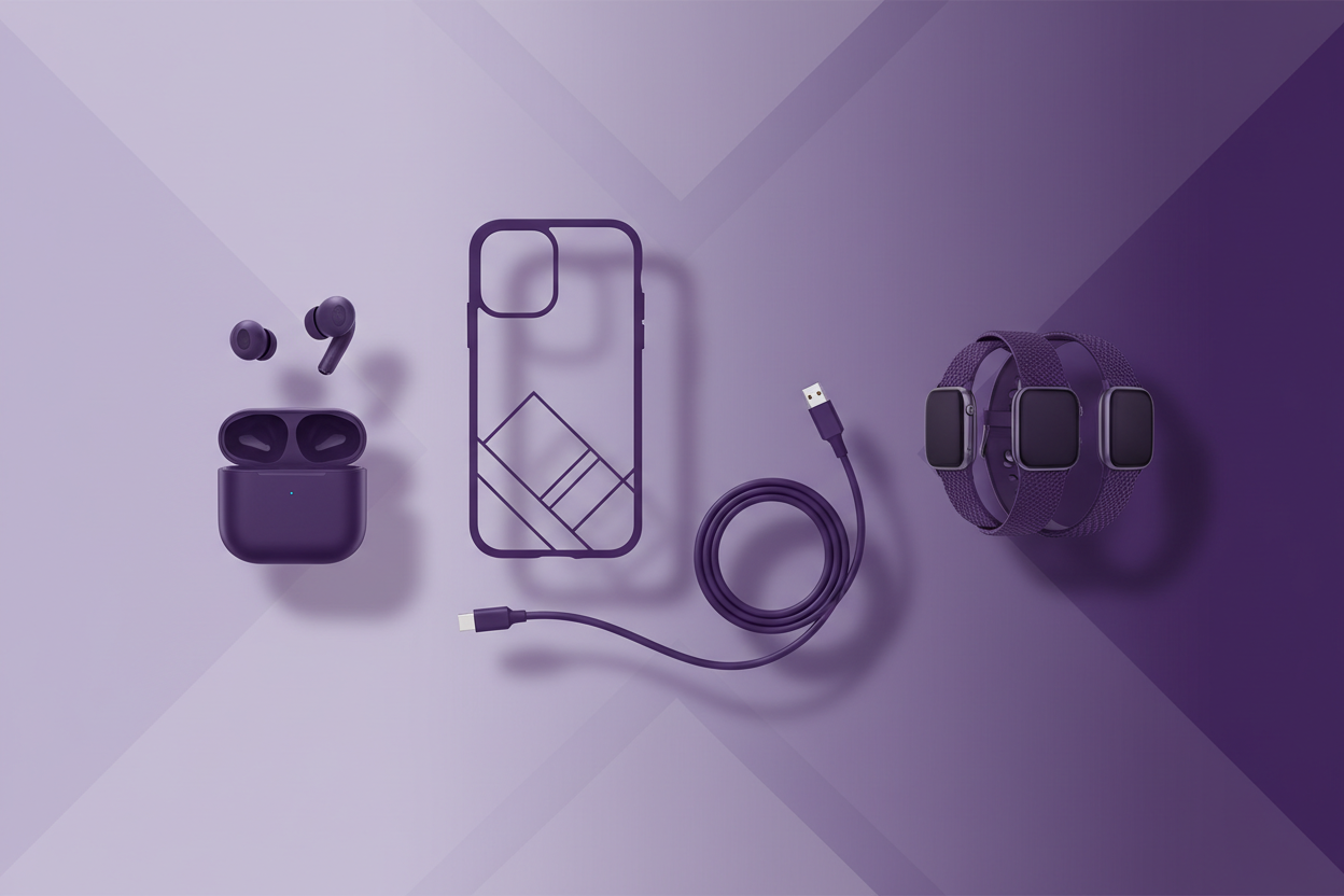 **Situation**
You are creating a banner image for a tech accessories store that will be displayed on a Shopify storefront. The banner needs to establish a professional, modern aesthetic using a specific color palette while maintaining visual appeal and brand coherence.

**Task**
Generate a banner image for a tech accessories store using the hex colors #eeeef6 (light lavender) and #39163d (deep purple). The banner should be sized at 1200x400 pixels (standard Shopify banner dimensions), feature no interactive