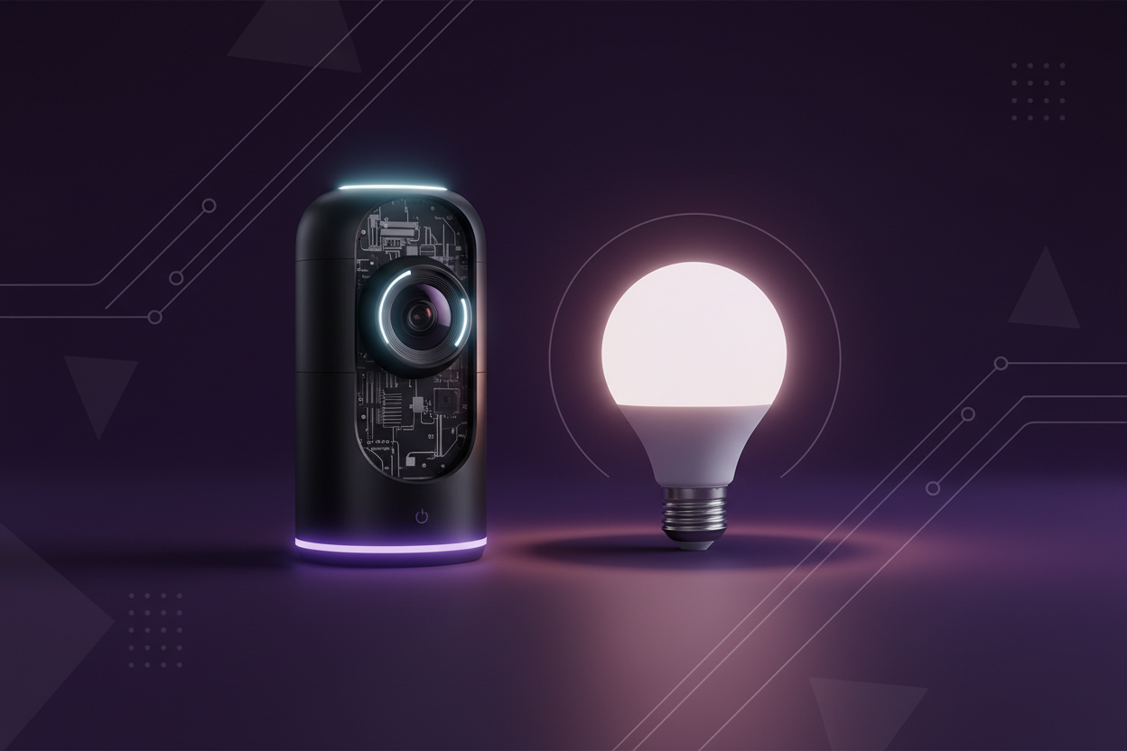 **Task**
Generate a banner image using the color palette of #eeeef6  and #39163d ( dark deep purple) that is optimized for Shopify display dimensions. The image should showcase tech through visual design elements, composition, without any text and without any button using bulb security camera product