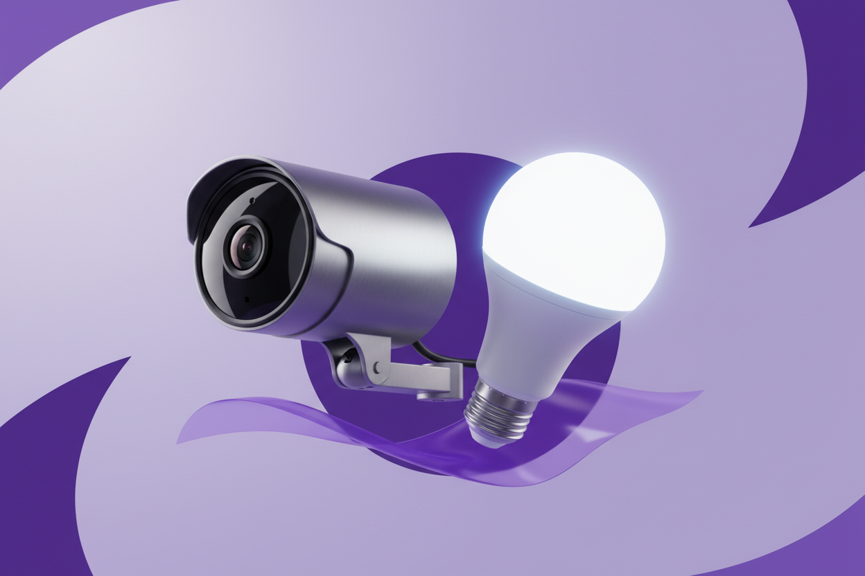 **Task**
Generate a banner image using the color palette of #eeeef6  and #39163d (deep purple) that is optimized for Shopify display dimensions. The image should showcase tech through visual design elements, composition, without any text and without any button using bulb security camera product