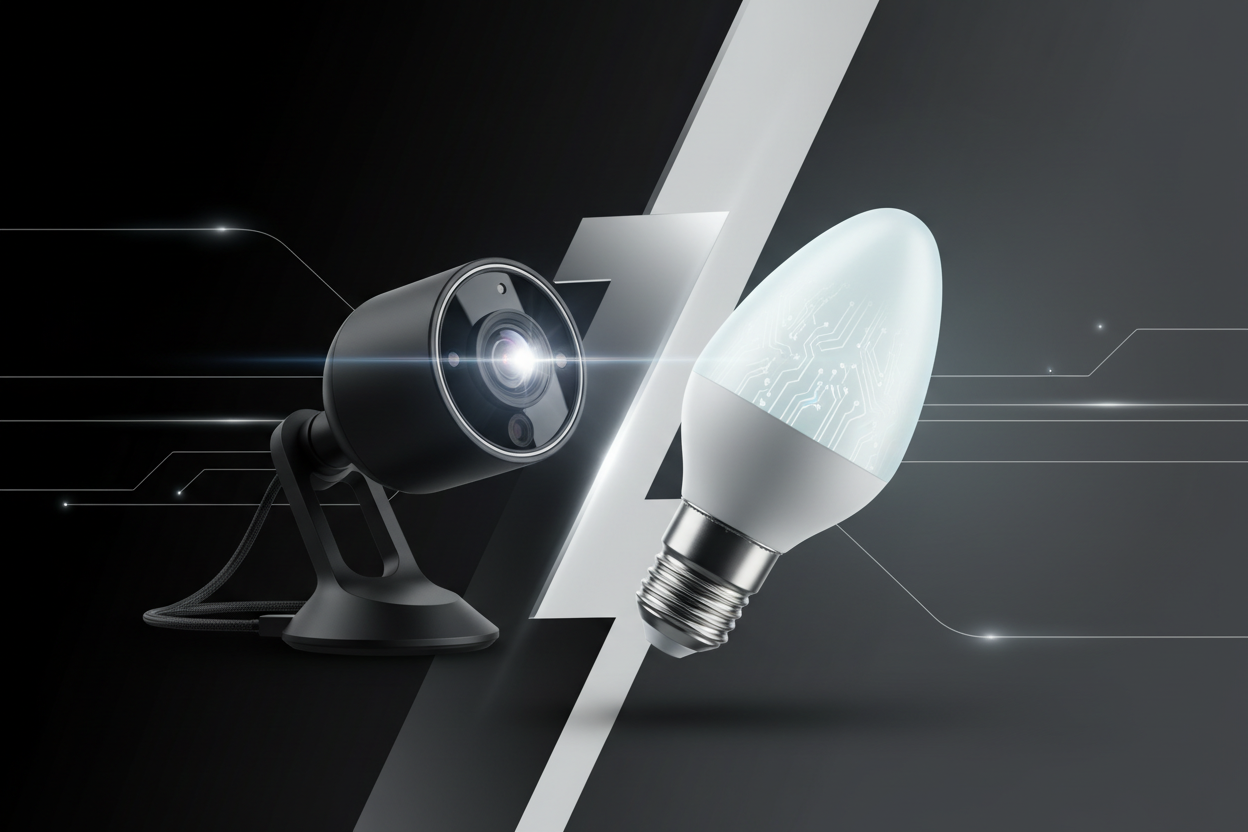 **Task**
Generate a banner image using the color palette of gradient black with other contrast that is optimized for Shopify display dimensions. The image should showcase tech through visual design elements, composition, without any text and without any button using bulb security camera product